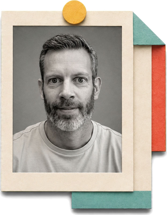 Black-and-white portrait of Erik in a cream paper frame, pinned with a yellow paper dot over teal and red paper sheets