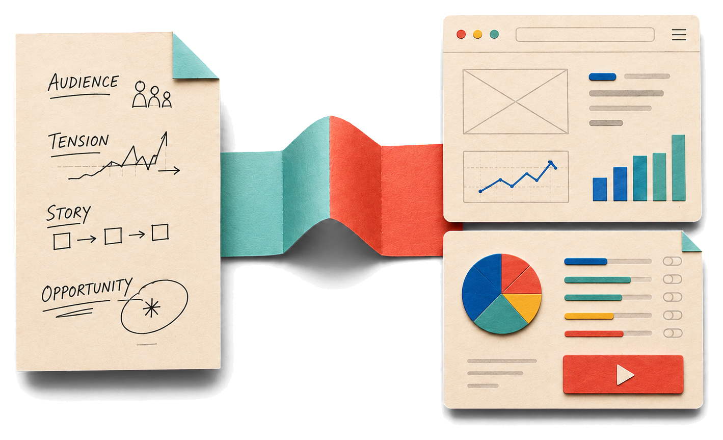 Handwritten concept note (audience, tension, story, opportunity) folding into finished paper UI screens