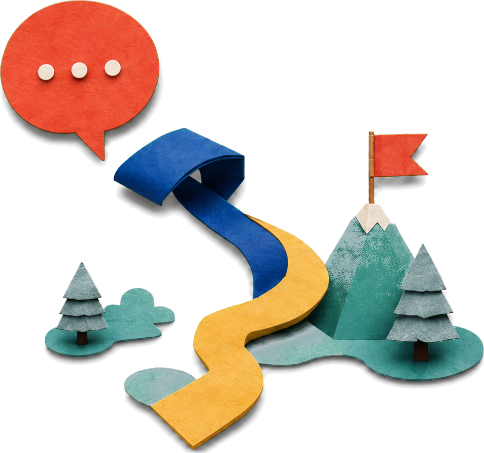 Papercraft journey: a red speech bubble unfolds into a winding blue and yellow path leading to a mountain with a red flag