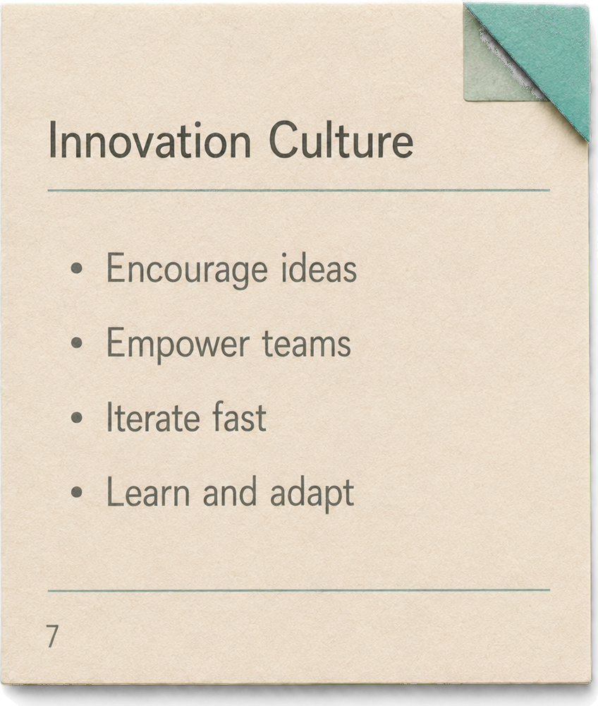 Slide 7 of a conventional deck: Innovation Culture with four bullet points