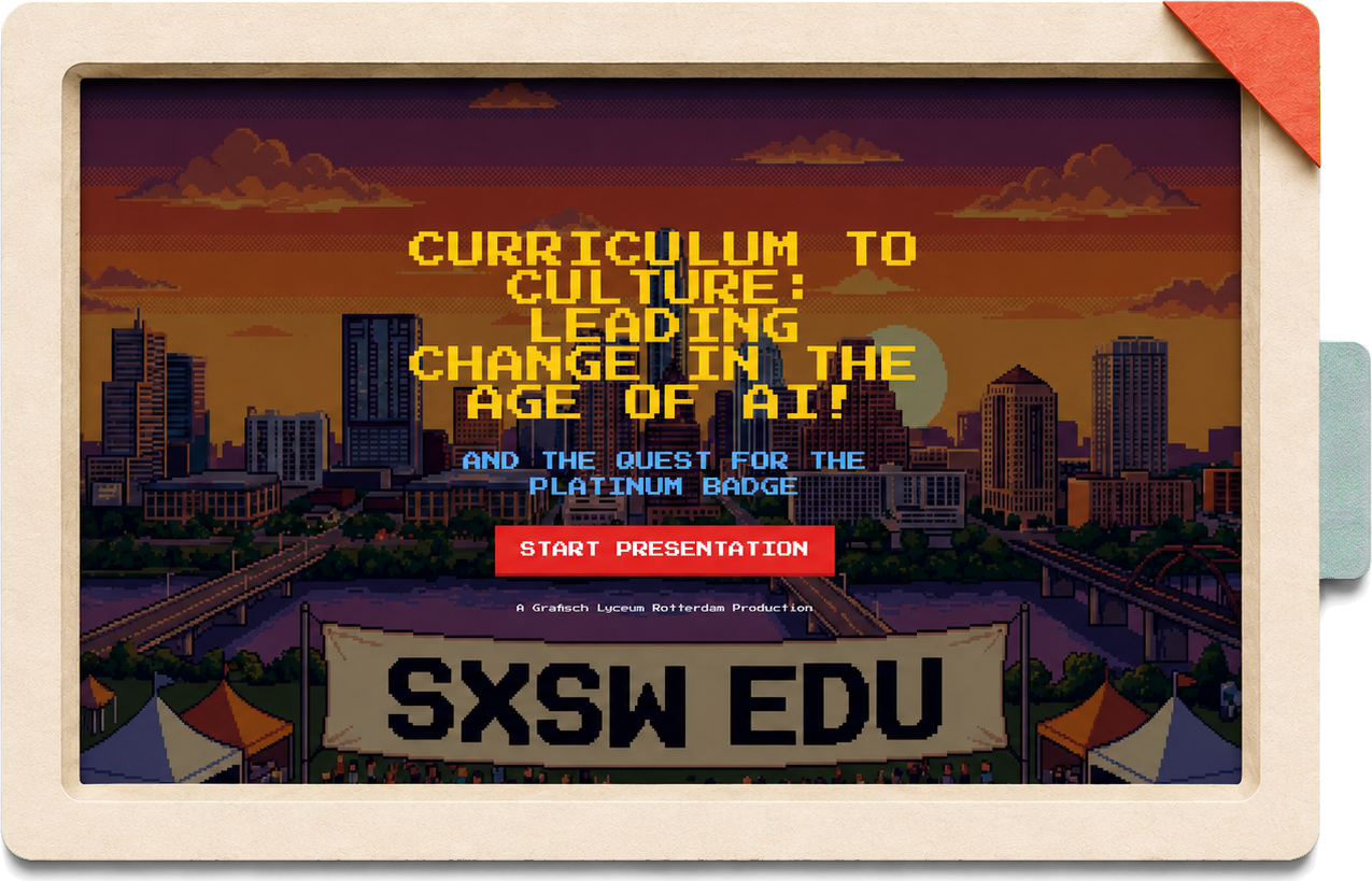 The same content as a paper arcade game: pixel-art SXSW EDU title screen in a cream frame with a Start Presentation button